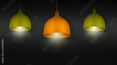Hanging pendant lamps with the light on. Chandeliers with color lampshades. Realistic vector illustration
