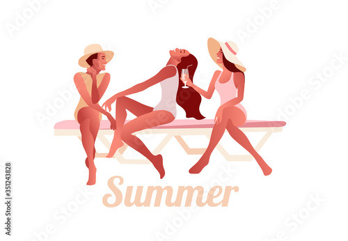 Three sexy young girls in summer hats chatting on beach and drinking cocktails. Female characters near the sea. Summer type. Vector flat style illustration.