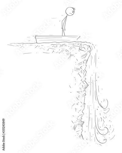 Vector cartoon stick figure drawing conceptual illustration of man or businessman on rowboat or rowing boat approaching to waterfall. Concept of financial crisis and depression.