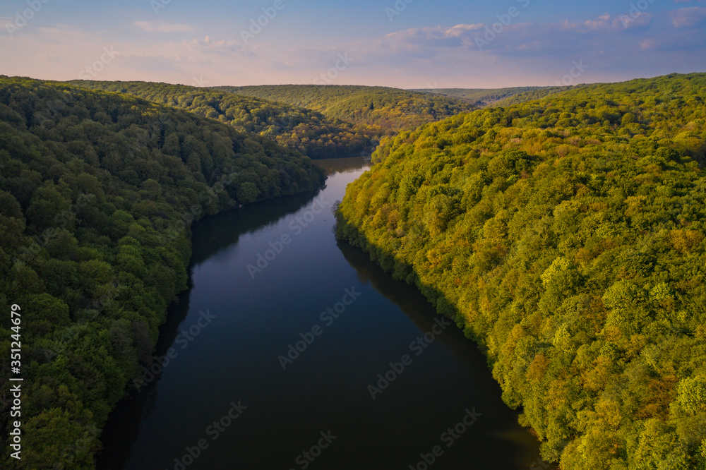 Aerial view on Lake Barvinok by the Barvinok river in Novyi Rozdol New Rozdol . Lviv district, western Ukraine. May 2020