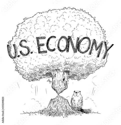 Vector cartoon drawing conceptual illustration of tree representing U.S. economy weakened by crisis as beaver. Concept of financial crisis, debt or coronavirus in United States of America.