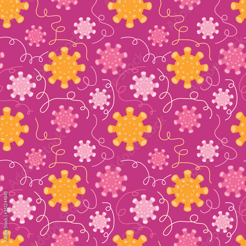 Different kinds of virus infection and bacteria seamless pattern. Medical background with coronavirus. Biology organisms. Genetics bacteriological microorganism. Flat vector illustration.