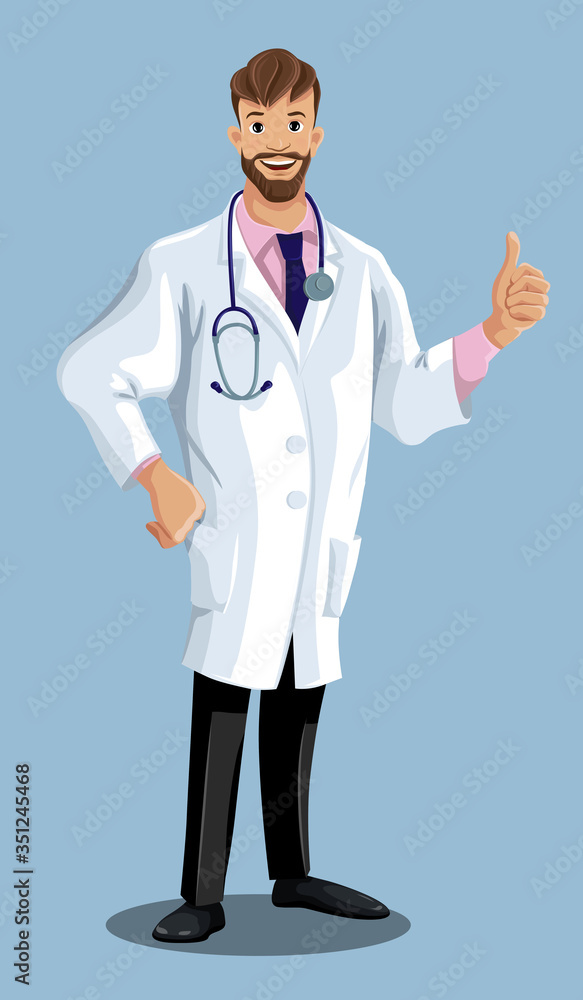 Cartoon character of doctor showing thumbs-up signal. Smiling medical worker is standing and demonstrating approval hand gesture. Isolated vector illustration of the front view healthcare employee Cartoon character of doctor showing thumbs-up signal. Smiling medical worker is standing and demonstrating approval hand gesture. Isolated vector illustration of the front view healthcare employee