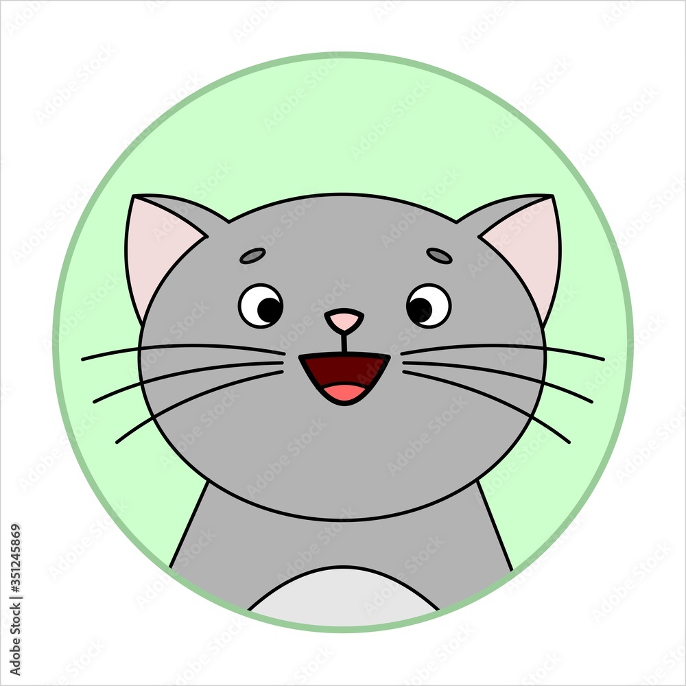 Cute Surprised Cat, Round Icon, Emoji. Gray Cat With A Whiskers, Smiles. Vector Image Isolated On A White Background. Cute Surprised Cat, Round Icon, Emoji. Gray Cat With A Whiskers, Smiles. Vector Image Isolated On A White Background.