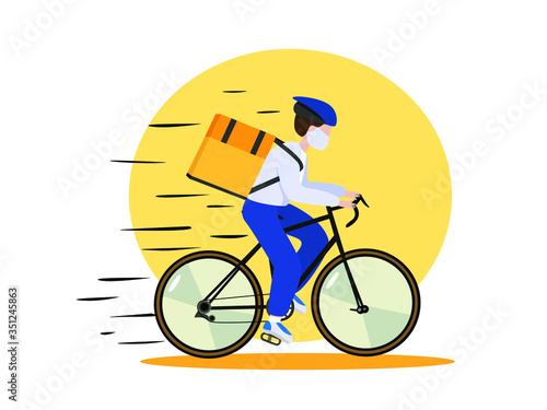 Kovid-19. Quarantine in the city. The concept of online delivery, tracking online orders, home and office delivery. Warehouse, bicycle courier, courier for delivery in a respiratory mask. vector illus
