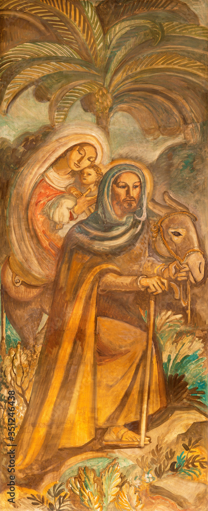 BARCELONA, SPAIN - MARCH 3, 2020: The fresco of Flight to Egypt in the church Parroquia Santa Teresa de l'Infant Jesus by Francisco Labarta (20. cent.).