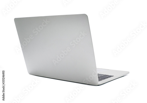 Back left view of Open laptop computer for mockup. Modern thin edge slim design. Gray metal aluminum material body isolated on white background with clipping path.