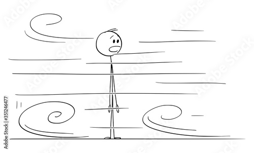 Vector cartoon stick figure drawing conceptual illustration of shocked or surprised man looking at something very fast moving around him.