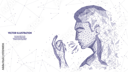 A man sneezes in his hands. Woman's face close up. Symptom of infection, spread of the viral infection COVID-19 coronavirus, innovative medical technology. low poly wireframe vector illustration.