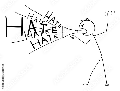 Vector cartoon stick figure drawing conceptual illustration of man or politician using loudspeaker or megaphone to spread hate or propaganda.