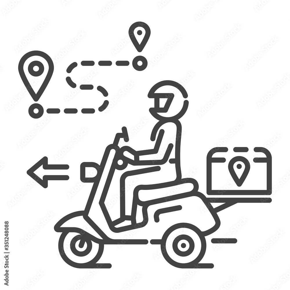 Courier delivery black line icon. Man rides motorcycle. Express shipping. Sign for web page, app. UI UX GUI design element. Editable stroke Courier delivery black line icon. Man rides motorcycle. Express shipping. Sign for web page, app. UI UX GUI design element. Editable stroke