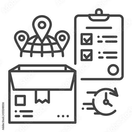 Worldwide delivery black line icon. Boxand checklist sign. Express shipping. Sign for web page, app. UI UX GUI design element. Editable stroke