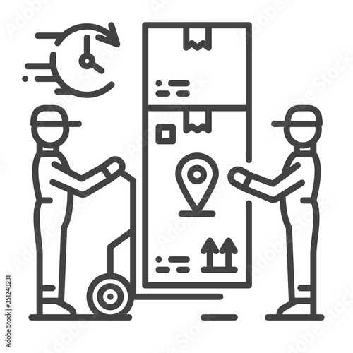 Oversized goods delivery black line icon. Services loaders sign. Loading and unloading operations. Sign for web page, app. UI UX GUI design element. Editable stroke