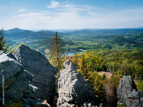 Scenic landscape of Lusatian Mountains with view of (German Kleiner Schöber) is a distinctive bell-shaped ridge with a peak at 659 m in the Lusatian Mountains 1.5 km from Jedlova, Czech Republic  photo