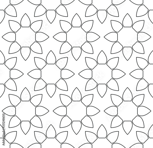 Seamless monotone flowers pattern  geometric style  simple floral motif of thin lines  seamless wallpaper design  fashion print design in black and white. 