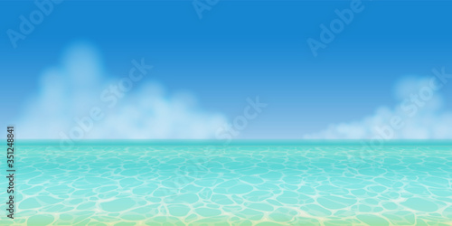 Realistic clear turquoise summer sea water in panoramic view with blue sky and clouds