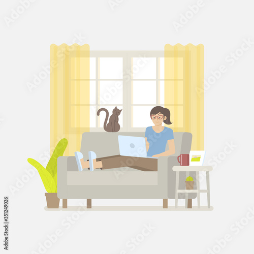 Young woman in casual clothing working at home with laptop computer on sofa in cozy living room with windows, curtain, cabinet, picture frame, plant, cactus, coffee mug and cat in flat cartoon style