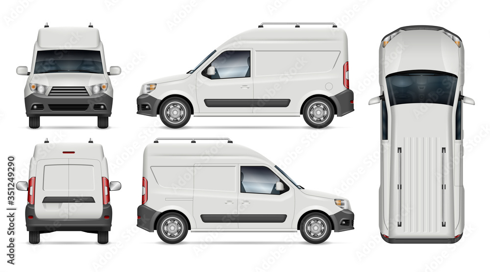 Mini cargo van vector mockup for vehicle branding, advertising, corporate  identity. View from side, front, back, top. All elements in the groups on  separate layers for easy editing and recolor. Stock Vector