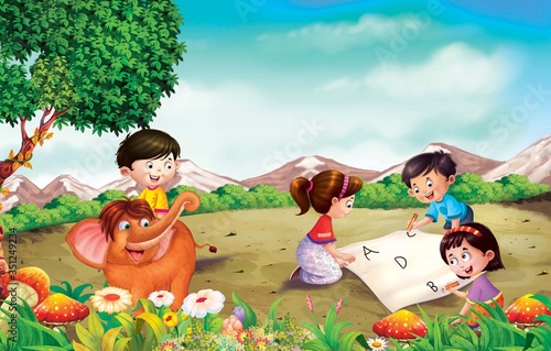 children playing with animal