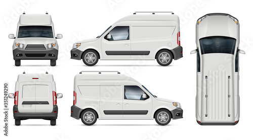 Mini cargo van vector mockup for vehicle branding, advertising, corporate identity. View from side, front, back, top. All elements in the groups on separate layers for easy editing and recolor.