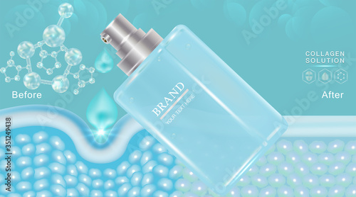 Beauty product ad design, blue cosmetic container with collagen solution advertising background ready to use, luxury skin care banner, illustration vector.