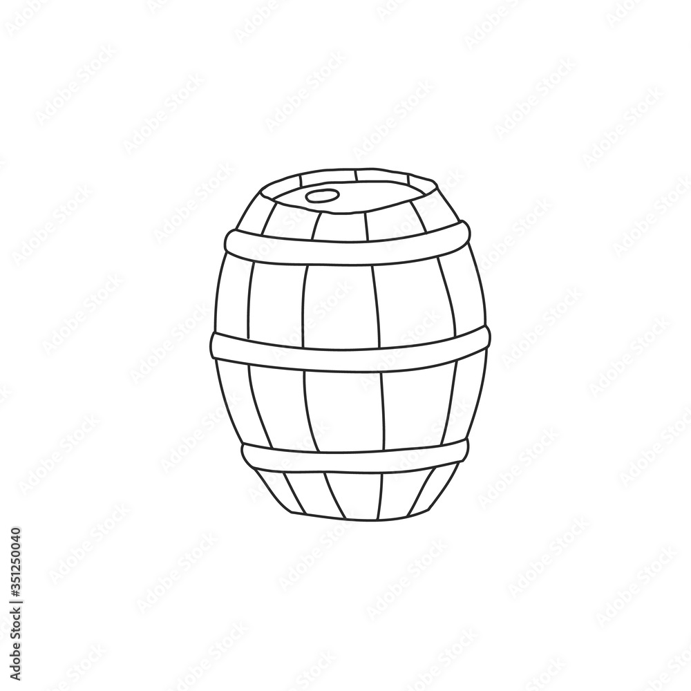 The barrel is wooden. Barrel for wine or honey. Black and white vector doodle illustration isolated on white background. The barrel is wooden. Barrel for wine or honey. Black and white vector doodle illustration isolated on white background.