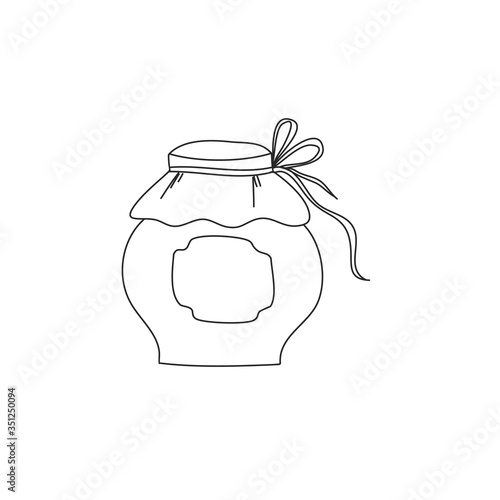 Cute clay pot. A pot of honey or jam. Kitchenware. Environmentally friendly material for honey. Black and white vector doodle illustration isolated on white background.