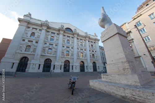 Canvas Print Milan, Italy - June 13, 2017: street view of Piazza Affari, the financial and economics center of Milan
