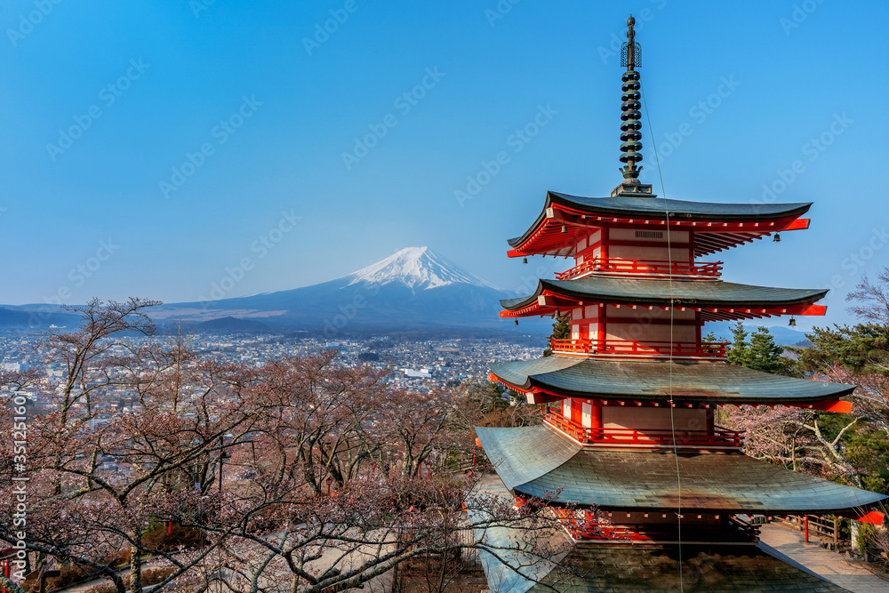 Chureito pagoda and Fuji mountain in Japan.