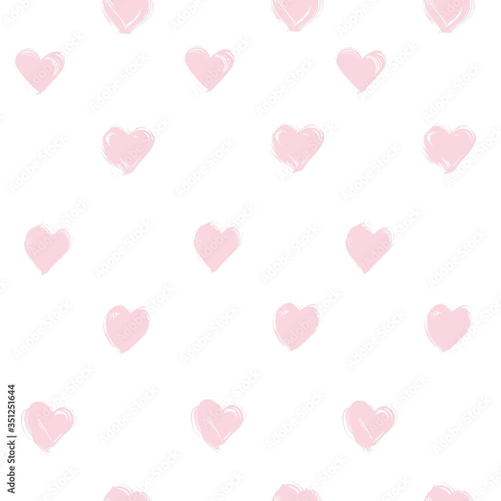 Seamless pattern from abstract pink heart shapes brushstrokes on white background