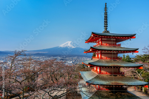Chureito pagoda and Fuji mountain in Japan.