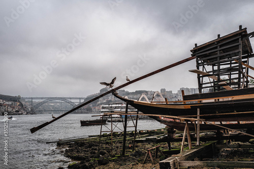 Seagulls perched on a boat mast above the Douro with the Dom-Luis bridge in the background in Porto.