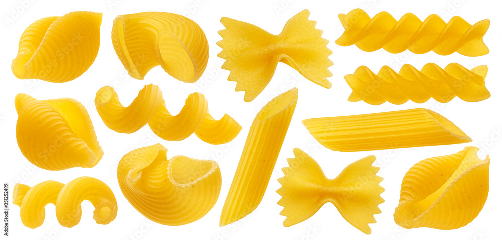 Raw italian pasta, collection of different pasta kinds isolated on white background