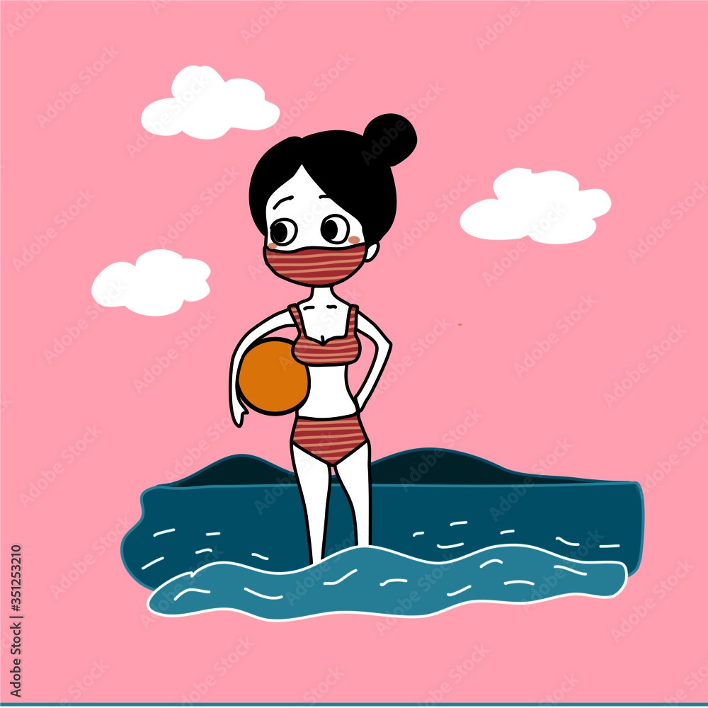 cute girl wearing bikini with mask in same fabric on the beach vector