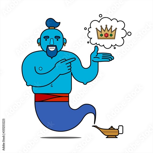 Blue genie from the lamp, cartoon character. The desire to have power. The genie will fulfill any three wishes. The crown is a symbol of power. Illustration, poster, isolated on a white background.