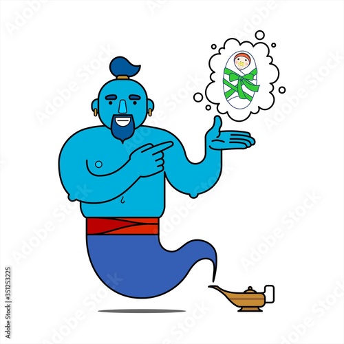 Blue genie from the lamp, cartoon character. Desire to have children. The genie will fulfill any three wishes. Illustration, poster, isolated on a white background.