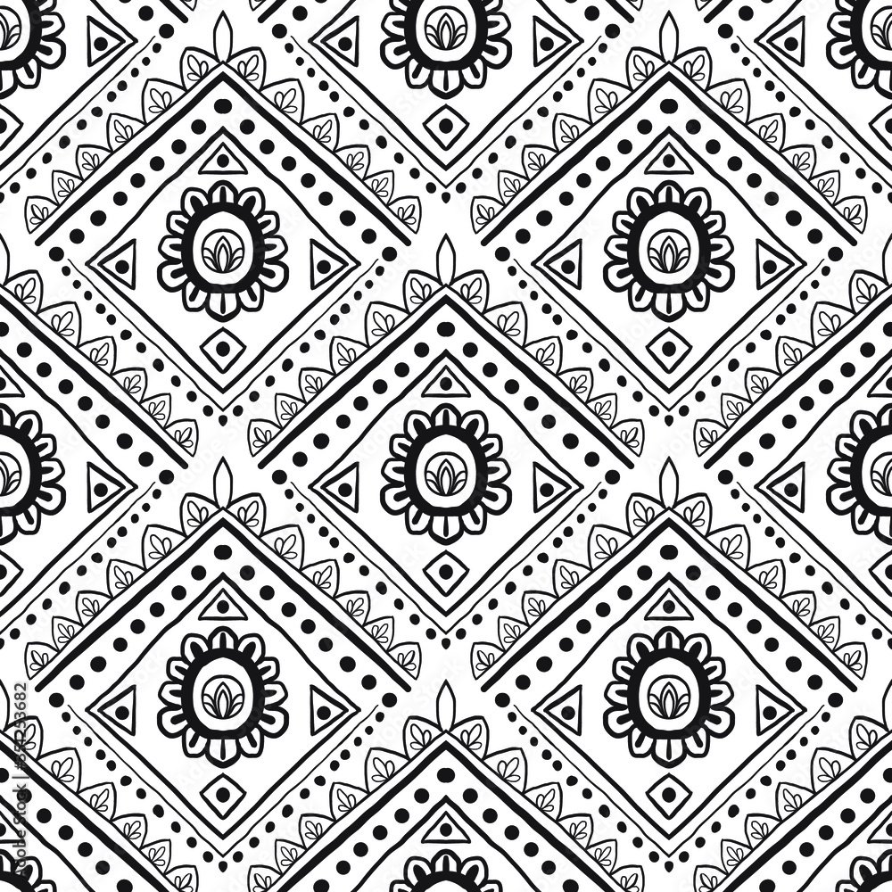 Hand drawn seamless vector bohemian pattern in black and white Hand drawn seamless vector bohemian pattern in black and white