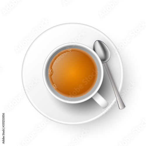 A teacup with spoon and saucer top view isolated on white background. Realistic vector. 3d model cup of hot drink green tea. Vector illustration for web, design, menu, app
