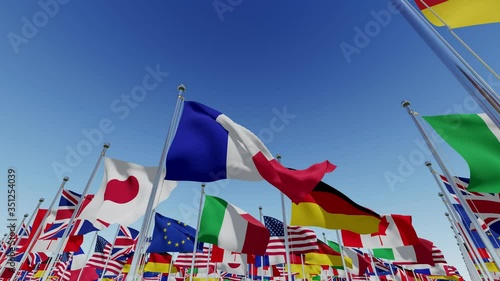 Flags of countries around the world. World national waving flags. Official country signs with names, countries flag banners. International travel symbols, geography or language lesson flags emblem. 