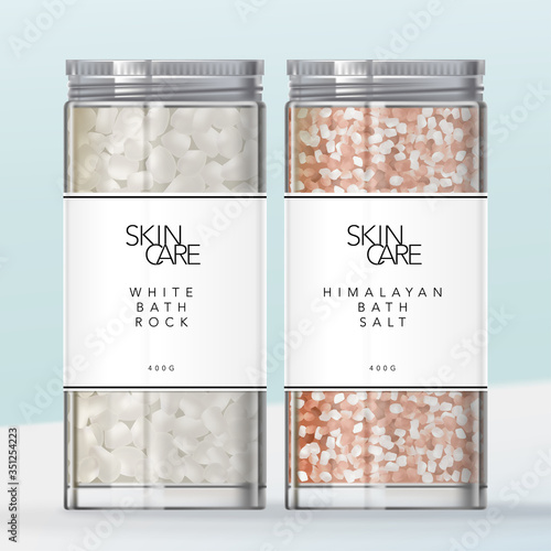 Vector Glossy Transparent Glass or Plastic Jar with Metallic Silver Screw Cap for Beauty, Skincare, Body Care or Food. White and Pink Himalayan Bath Salt.