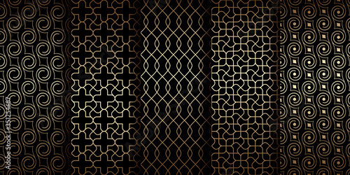 Golden oriental seamless patterns with swirls and curved lines, collection