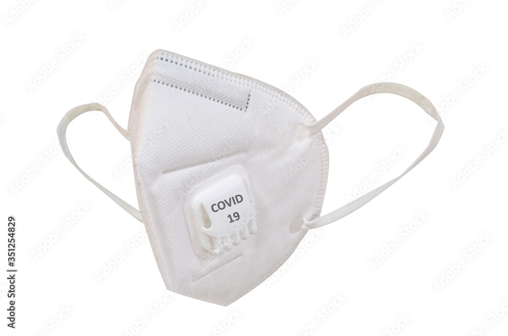 KN95 or N95 mask used for protection pm 2.5 and corona virus (COVIT-19).Anti pollution mask.air face mask, N95 mask with covid-19 word on white background. KN95 or N95 mask used for protection pm 2.5 and corona virus (COVIT-19).Anti pollution mask.air face mask, N95 mask with covid-19 word on white background.