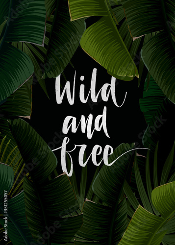 Dark tropical summer design with banana palm leaves and space for text. Vector flyer, banner or card template. Summer vector background.
