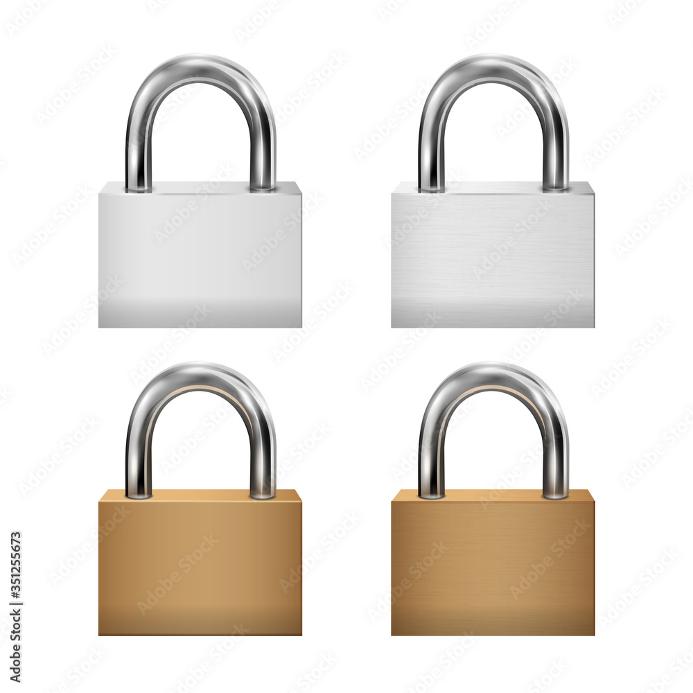 Padlock Icon Set, closed padlocks metal gold, silver, vector 3d realistic style Padlock Icon Set, closed padlocks metal gold, silver, vector 3d realistic style