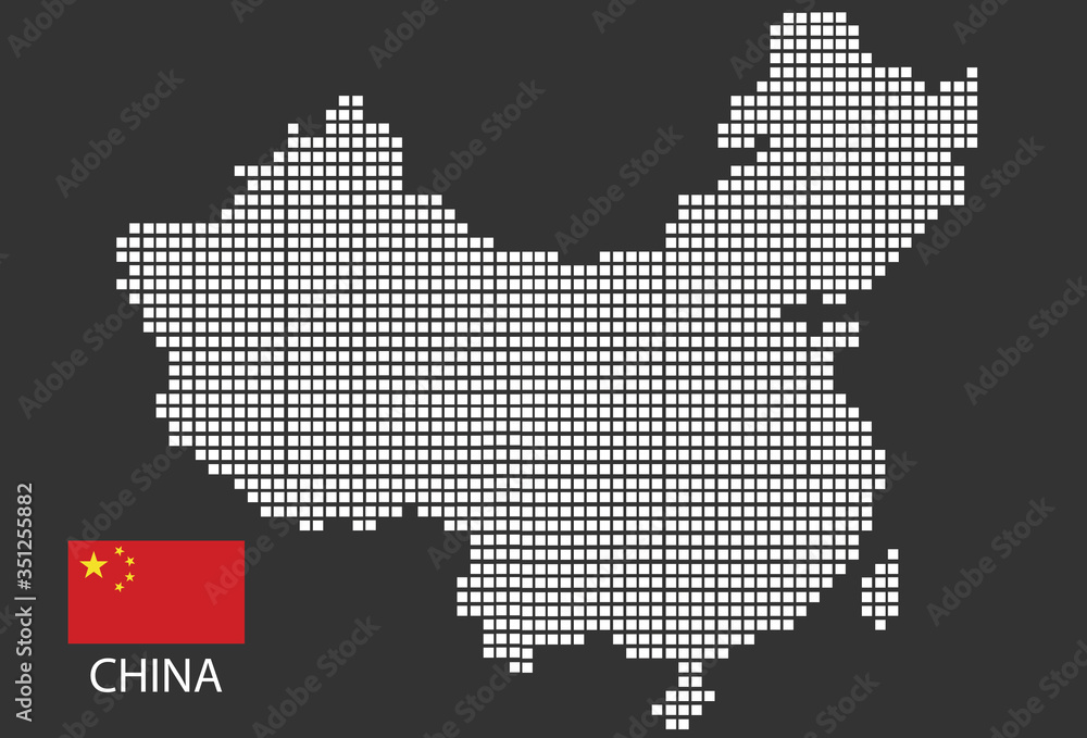 China map design white square, black background with flag China.
