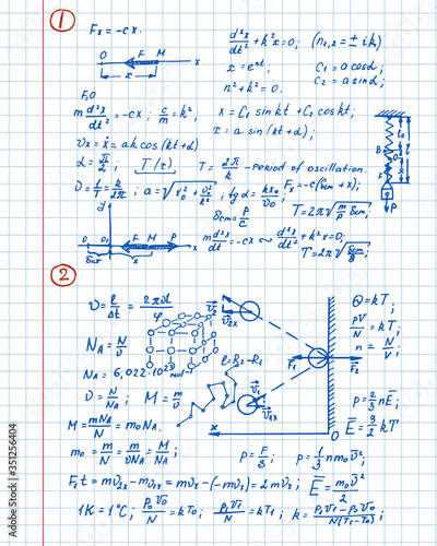Physical equations  diagrams and formulas on workbook. Vector hand-drawn illustration. Education and scientific  background.