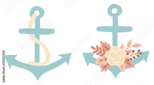 Blue marine anchors with rope and flowers, vector illustrations