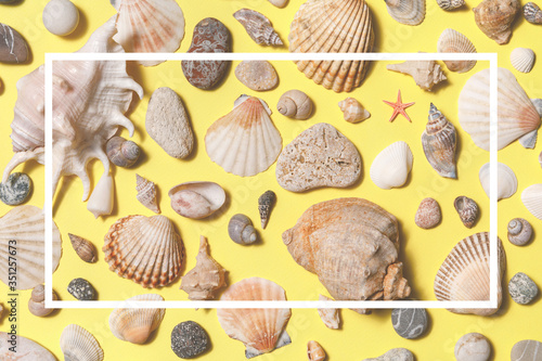 Creative layout made of seashells on yellow background with paper frame