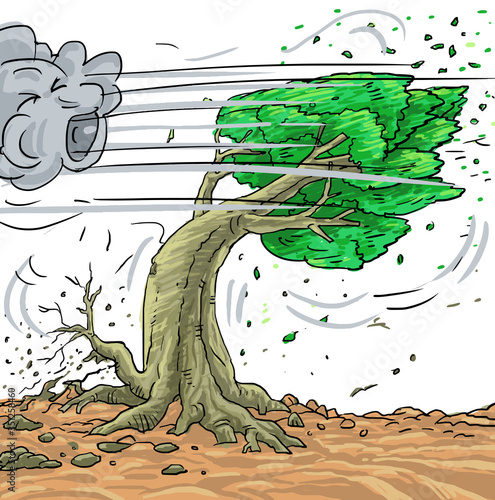 illustration-heavy winds bending the tree