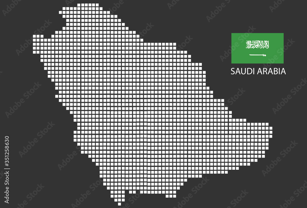 Saudi Arabia map design white square, black background with flag Saudi Arabia.